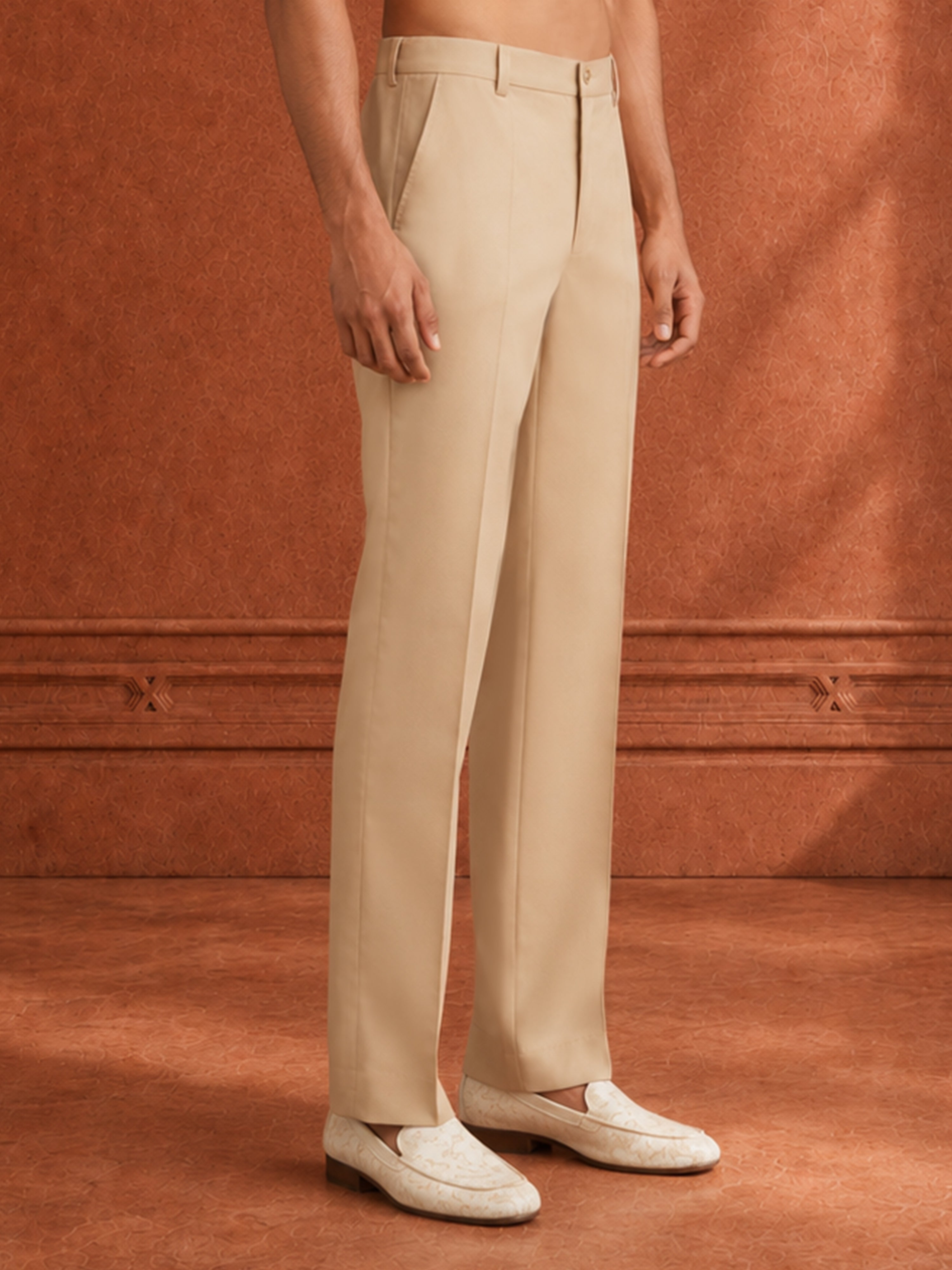 Men's Cream Suiting Fabric Solid Pant
