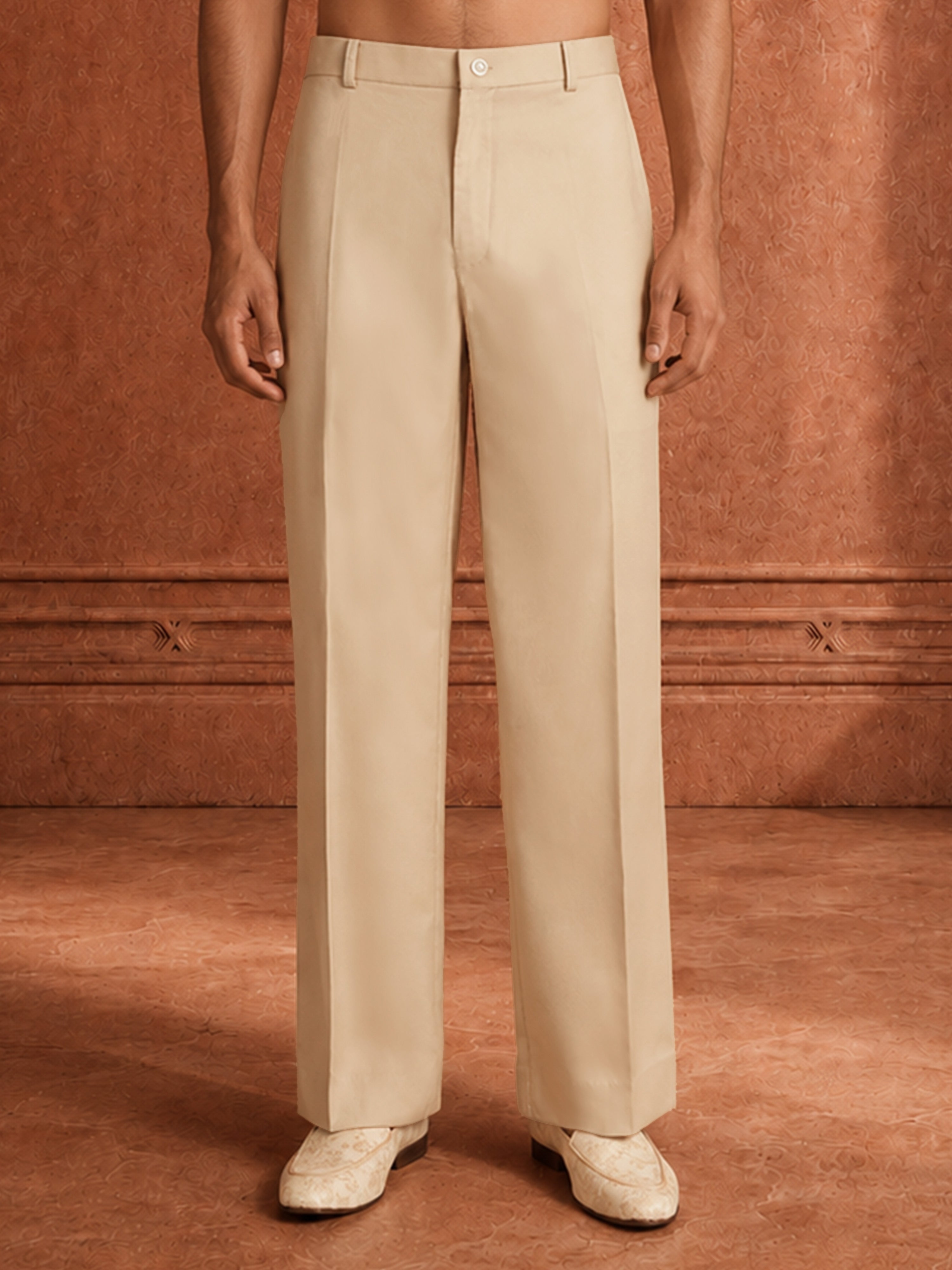 Men's Cream Wide Leg Suiting Fabric Pants | Flat Front
