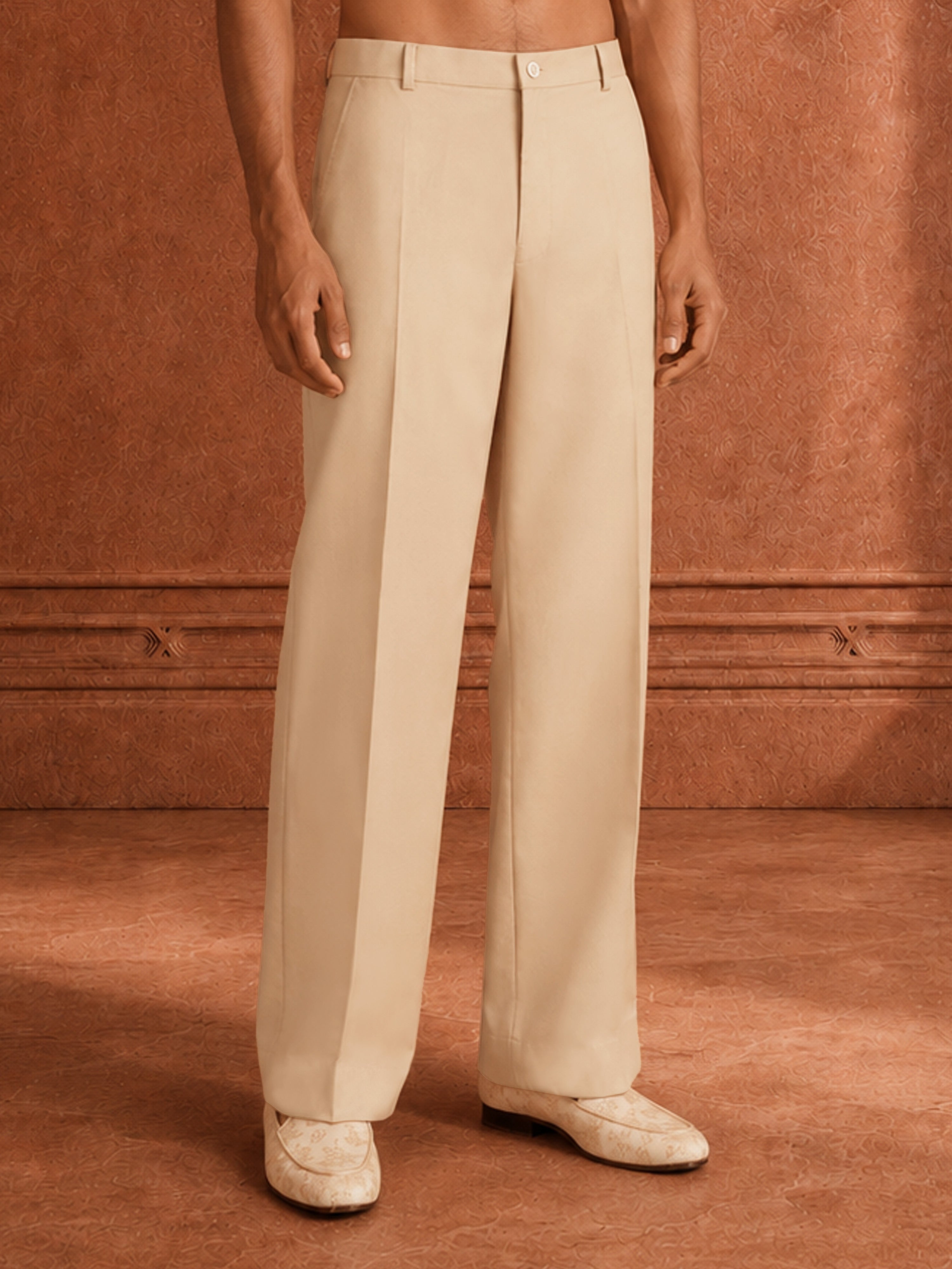 Men's Cream Suiting Fabric Solid Pant