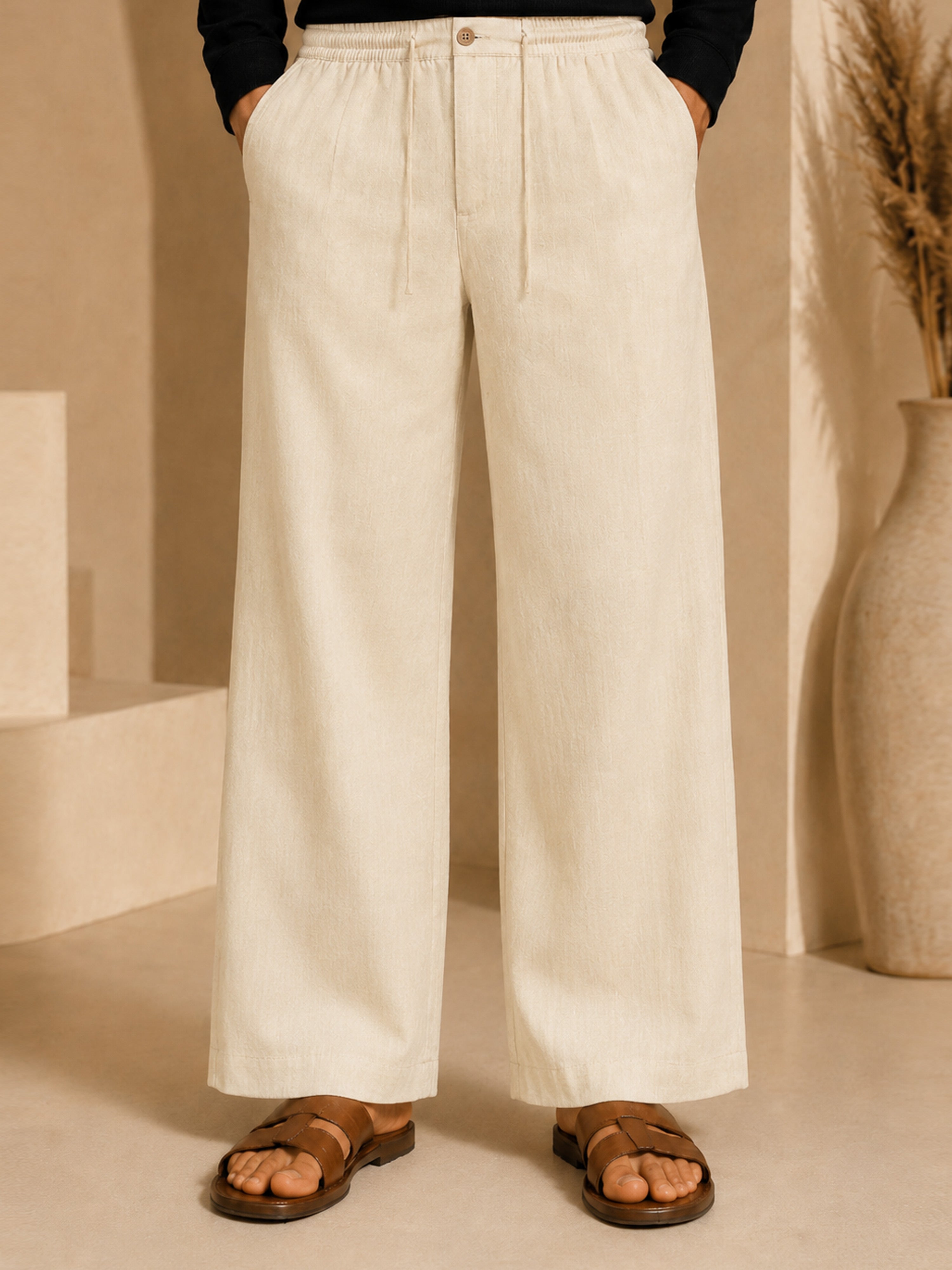 Vastramay Men Beige Cotton Lycra Solid Wide Leg Elasticated Drawstring Pant with Zip & Button