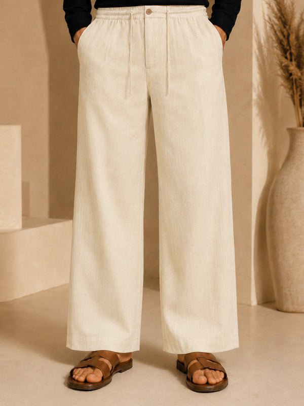Vastramay Men Beige Cotton Lycra Solid Wide Leg Elasticated Drawstring Pant with Zip & Button