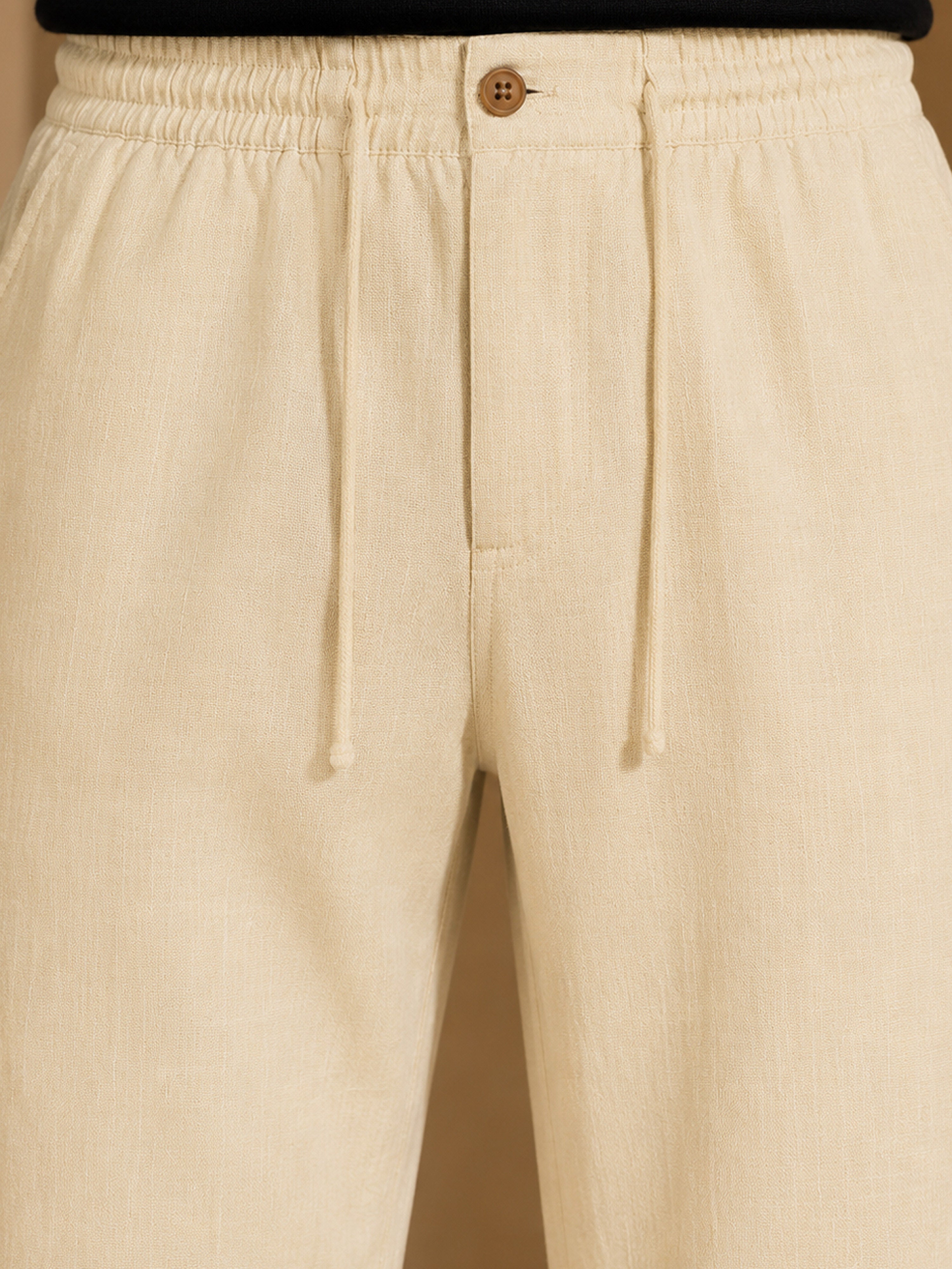 Vastramay Men Beige Cotton Lycra Solid Wide Leg Elasticated Drawstring Pant with Zip & Button