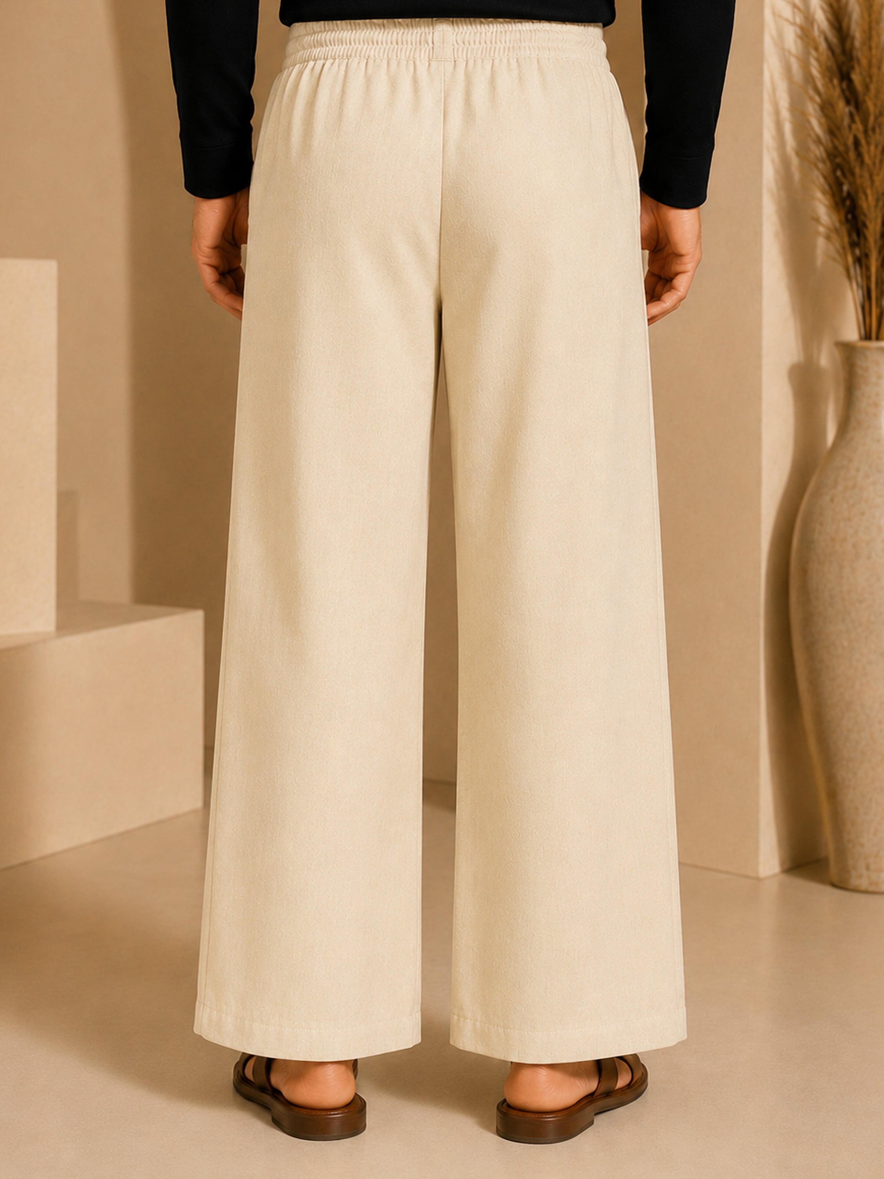 Vastramay Men Beige Cotton Lycra Solid Wide Leg Elasticated Drawstring Pant with Zip & Button