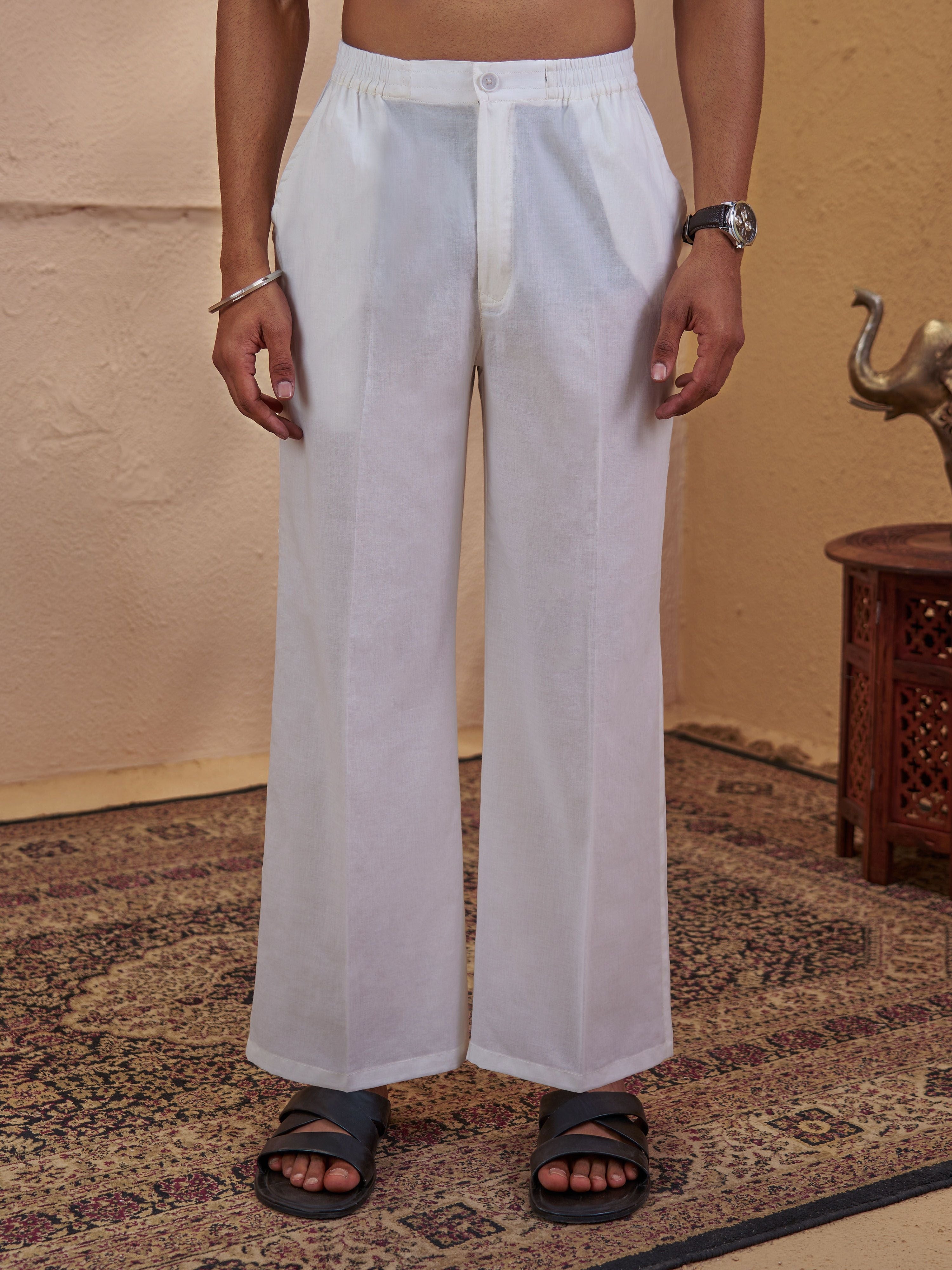 Men's White Solid Wide Leg Woven Pant with Elastic Waist