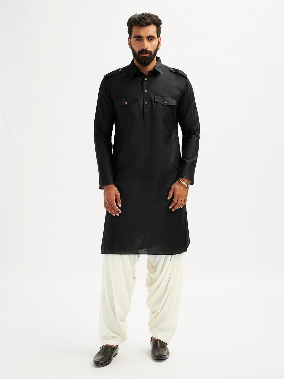 Men's Black And Cream Cotton Blend Pathani Kurta Set