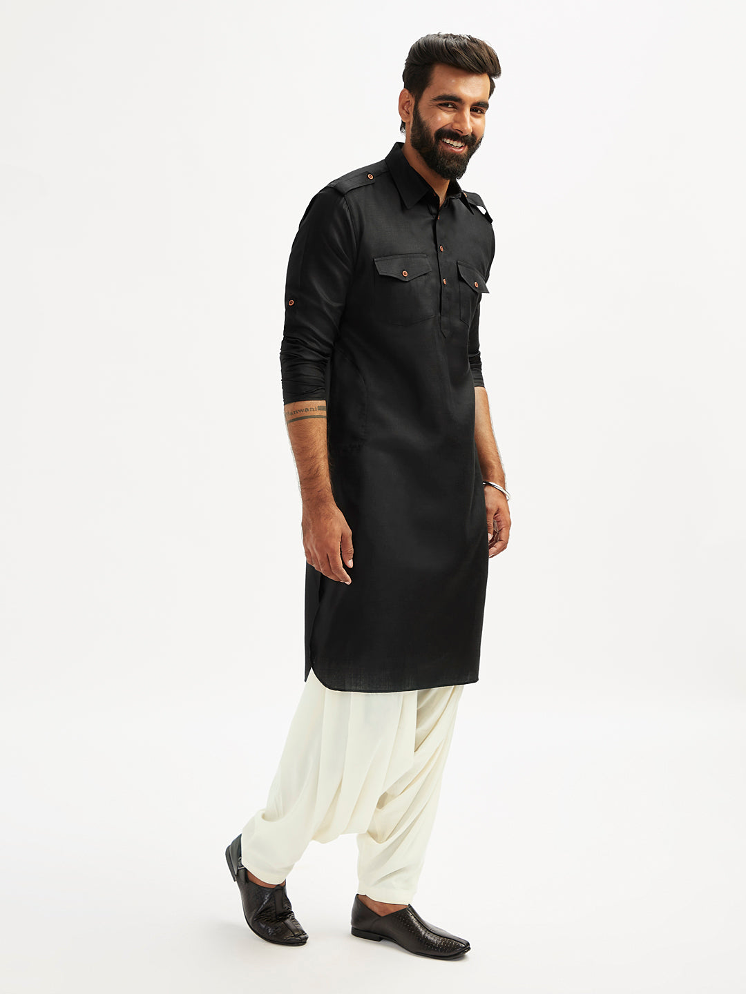 Men's Black And Cream Cotton Blend Pathani Kurta Set