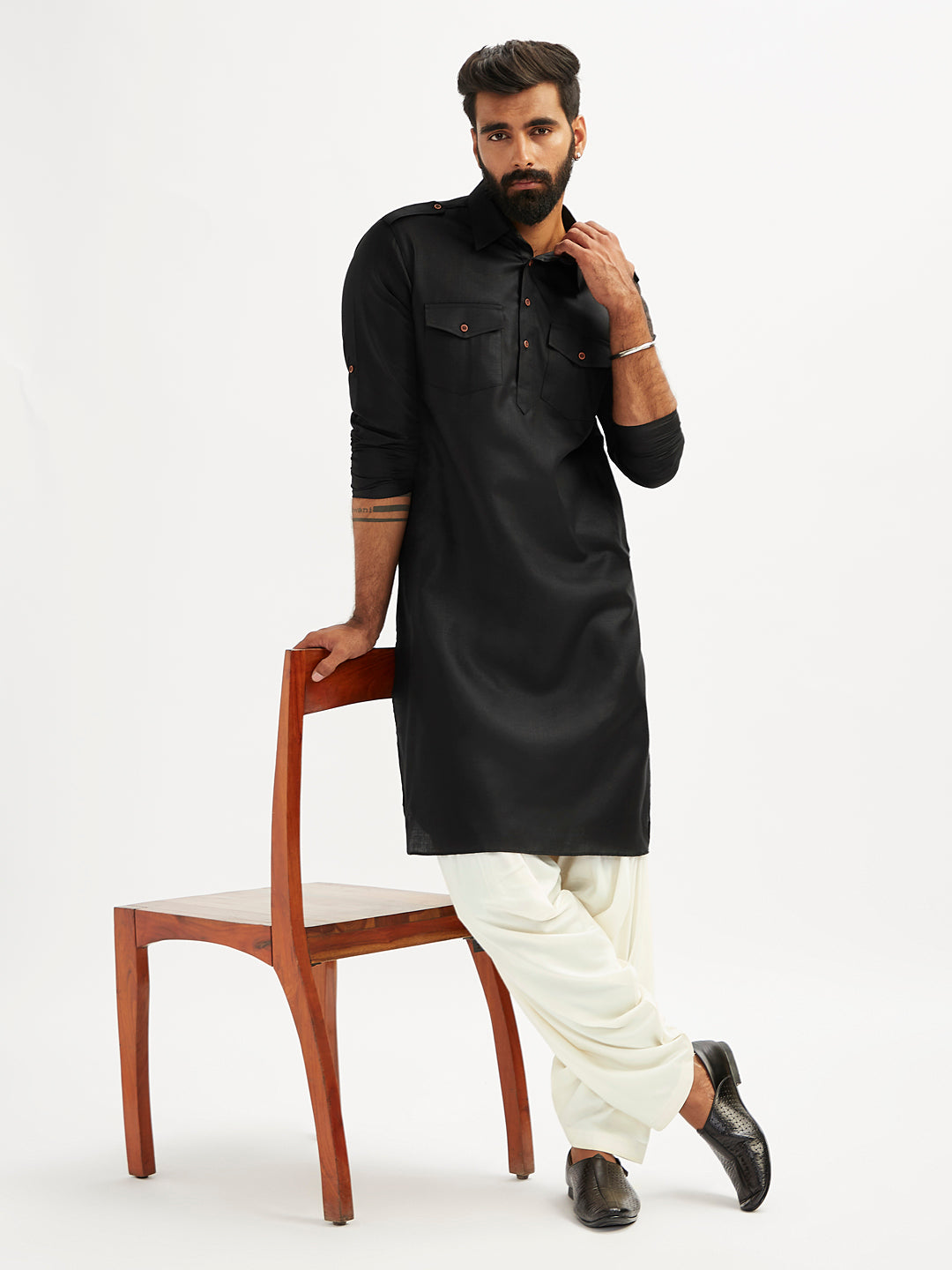Men's Black And Cream Cotton Blend Pathani Kurta Set