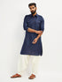 Men's Blue And Cream Cotton Blend Pathani Kurta Set