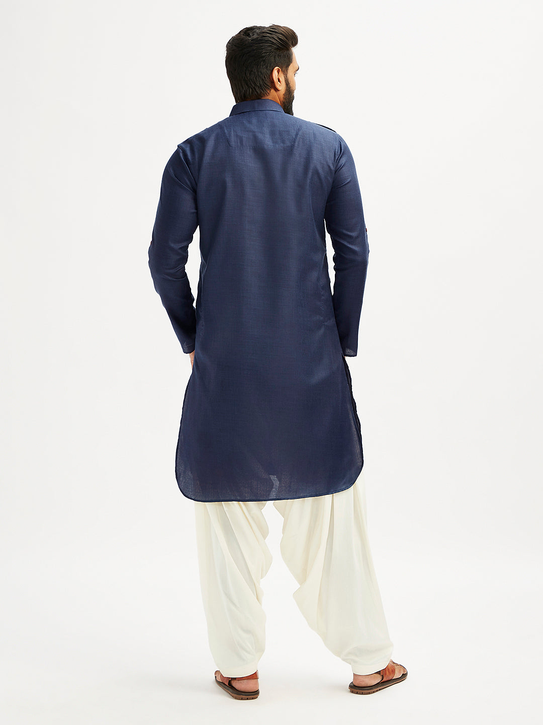 Men's Blue And Cream Cotton Blend Pathani Kurta Set