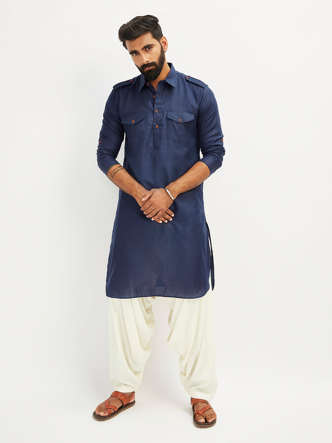 Men's Blue And Cream Cotton Blend Pathani Kurta Set