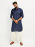Men's Blue And Cream Cotton Blend Pathani Kurta Set