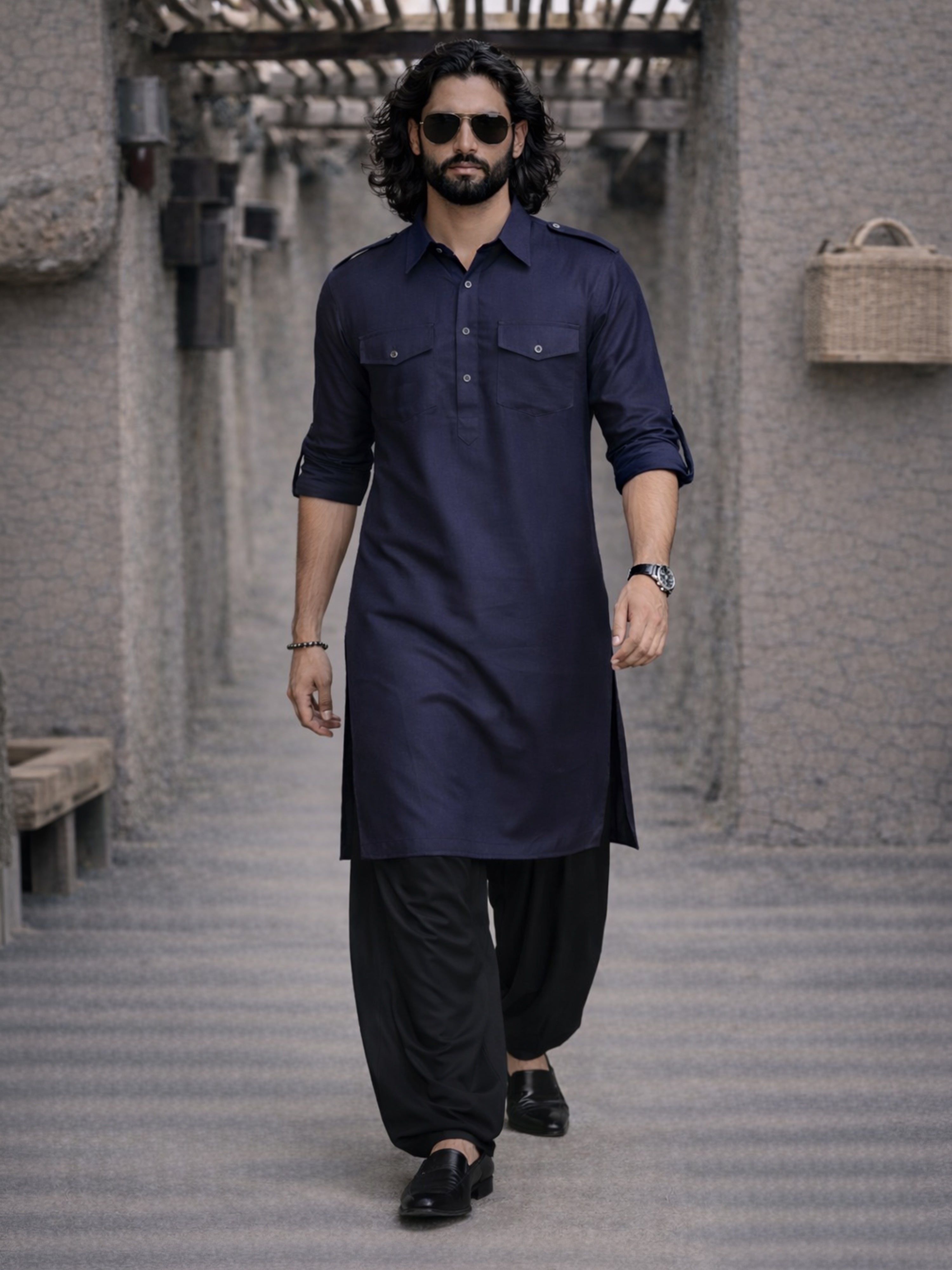 Men's Blue Cotton Blend Pathani Suit Set