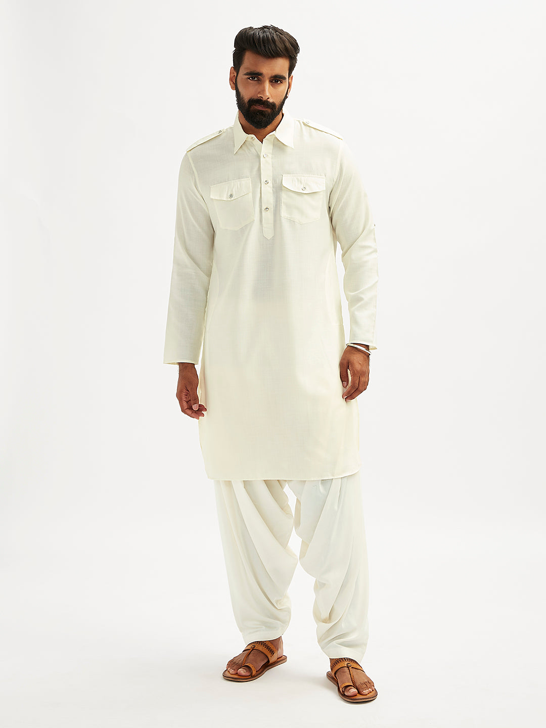 Men's Cream Cotton Blend Pathani Kurta Set