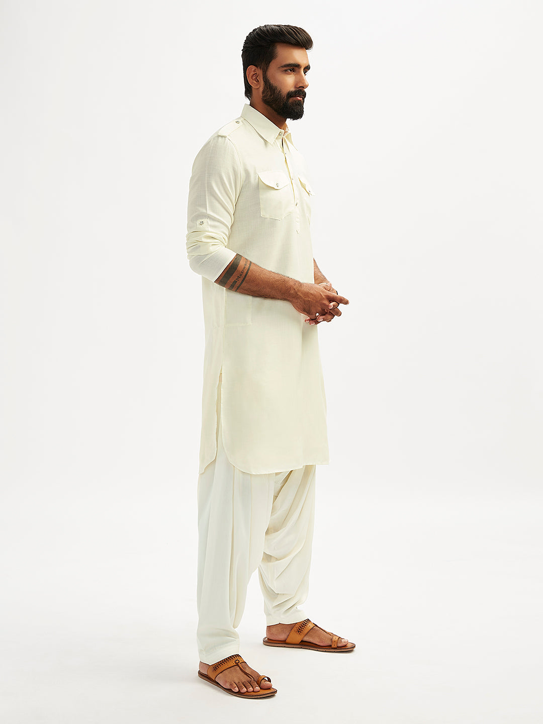 Men's Cream Cotton Blend Pathani Kurta Set