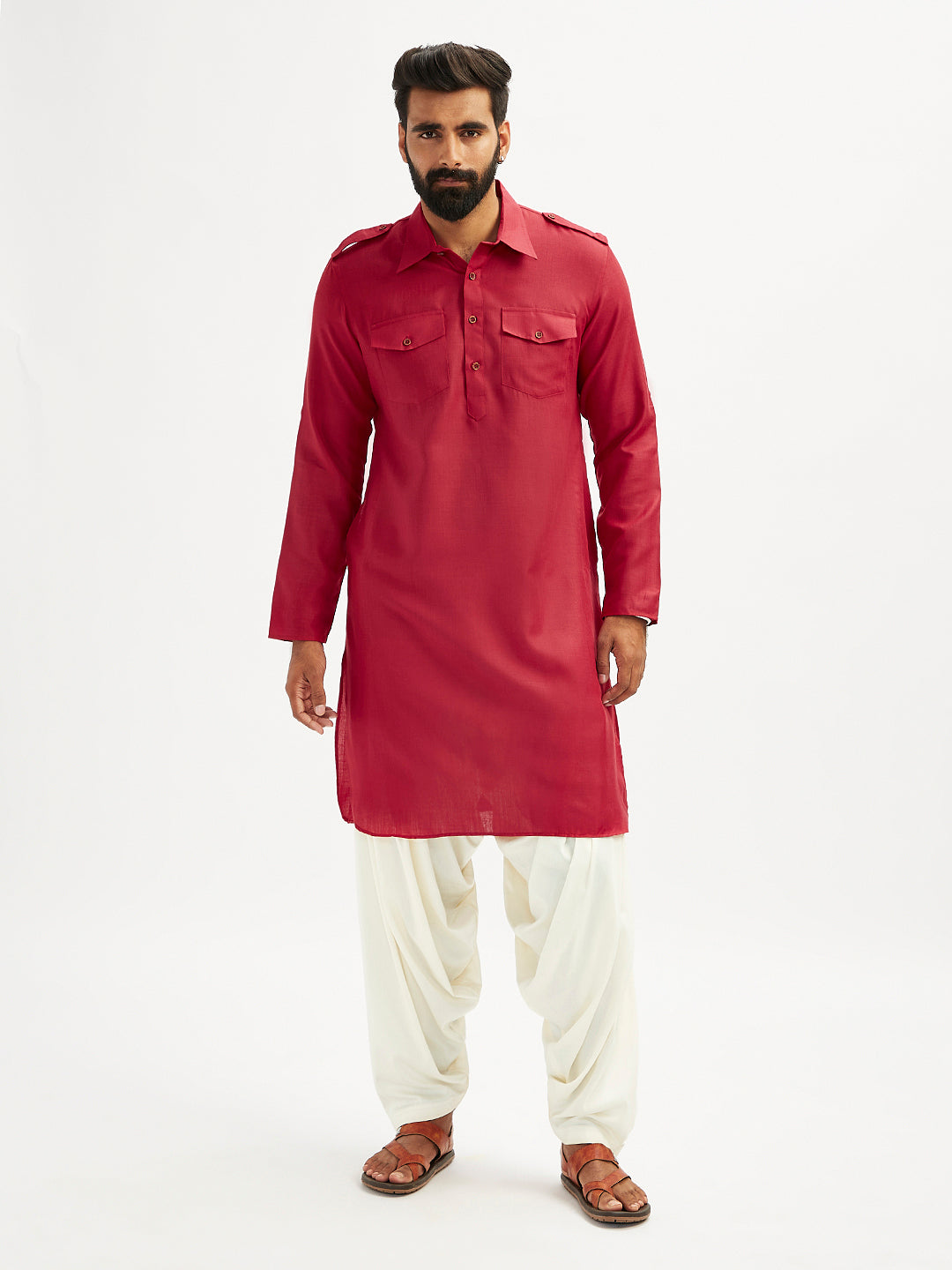 Men's Maroon And Cream Cotton Blend Pathani Kurta Set