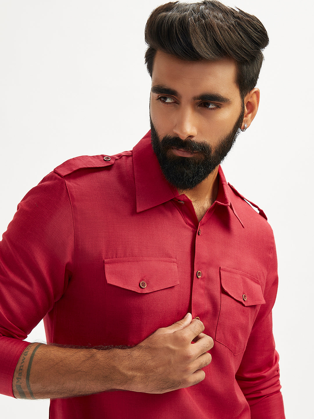 Men's Maroon And Cream Cotton Blend Pathani Kurta Set