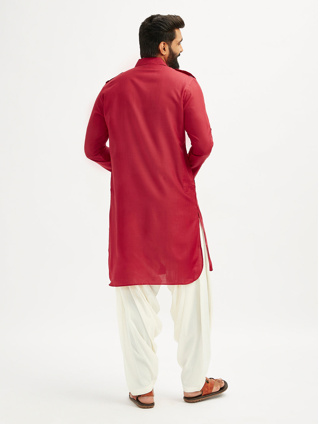 Men's Maroon And Cream Cotton Blend Pathani Kurta Set
