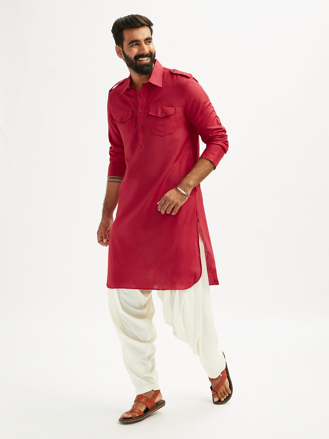 Men's Maroon And Cream Cotton Blend Pathani Kurta Set