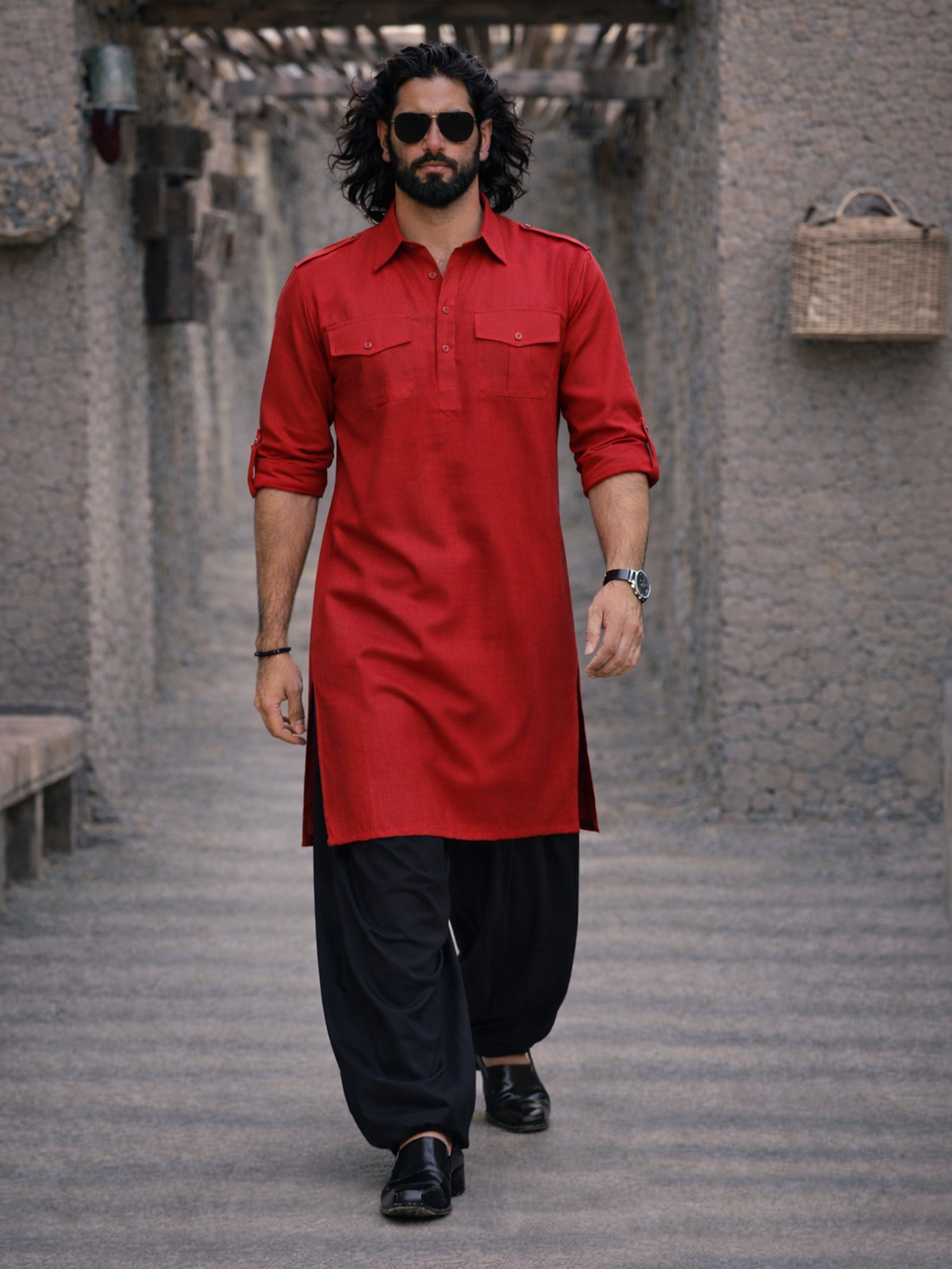 Men's Maroon And Black Cotton Blend Pathani Suit Set