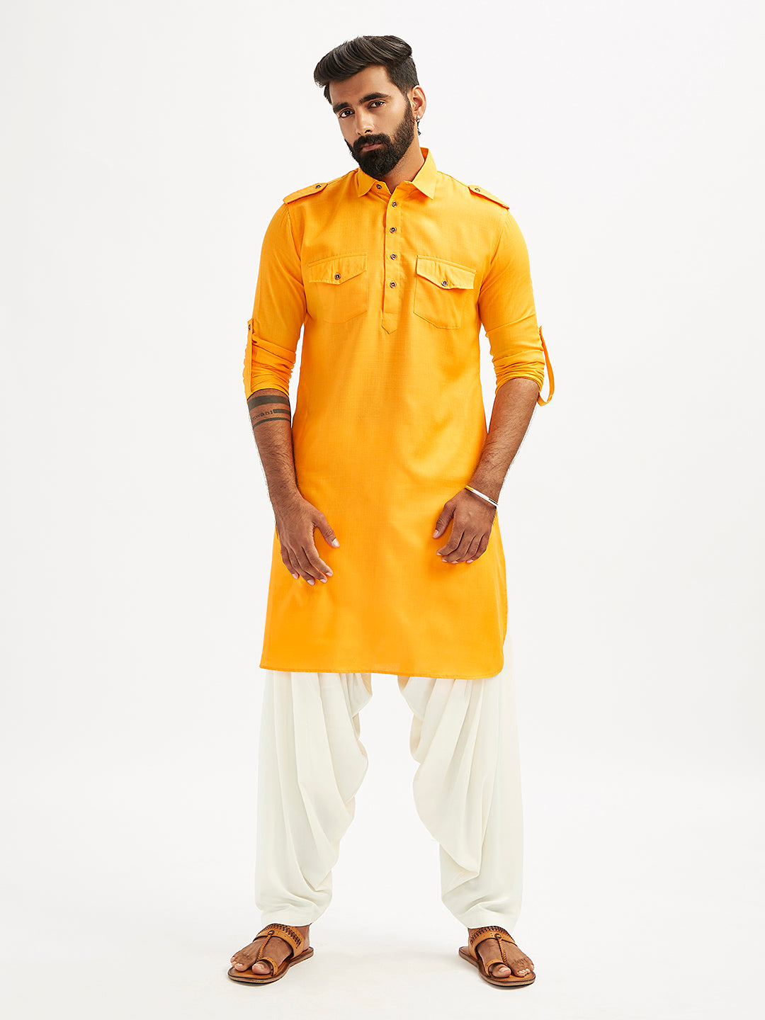 Men's Mustard And Cream Cotton Blend Pathani Kurta Set