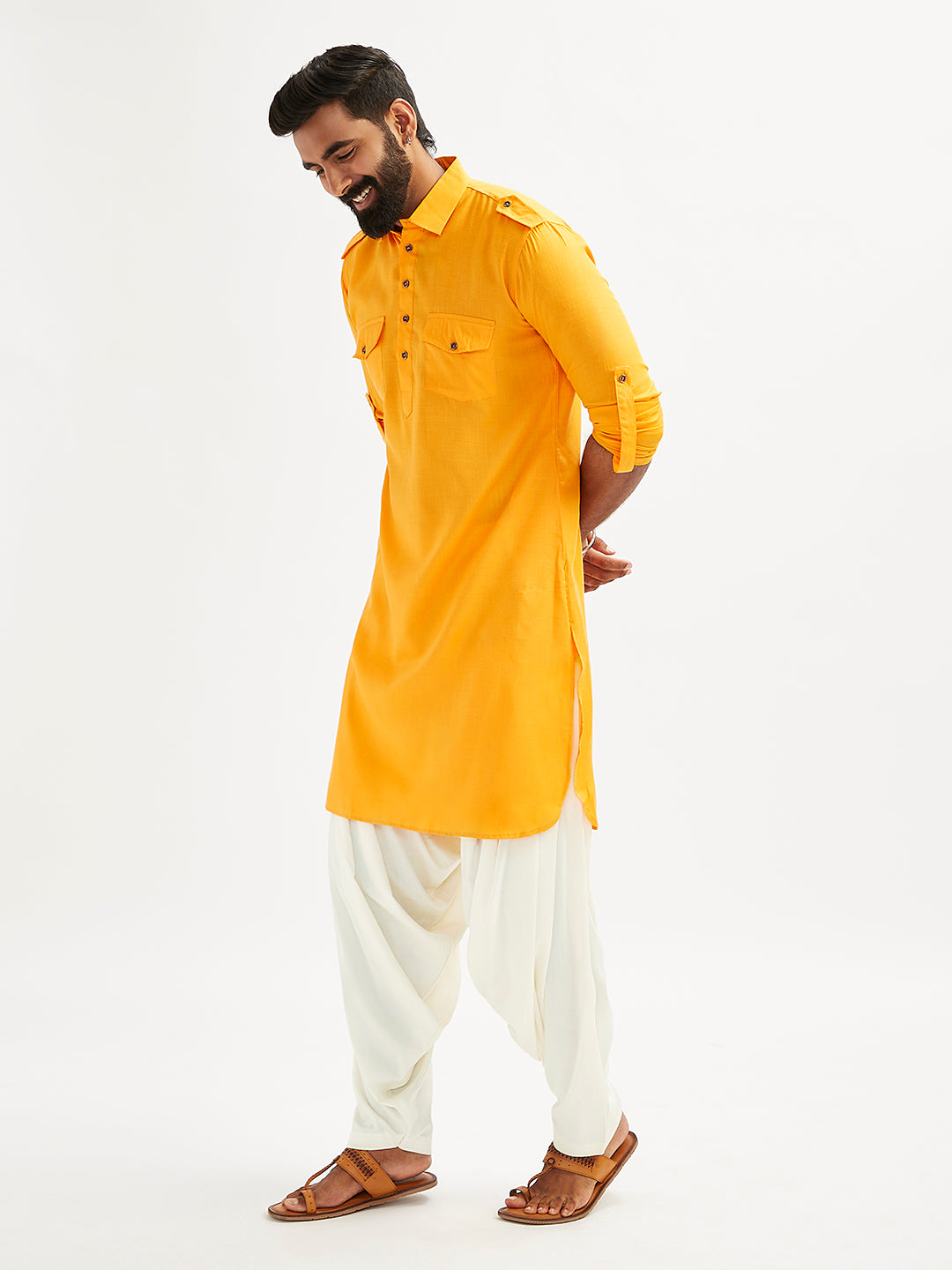 Men's Mustard And Cream Cotton Blend Pathani Kurta Set