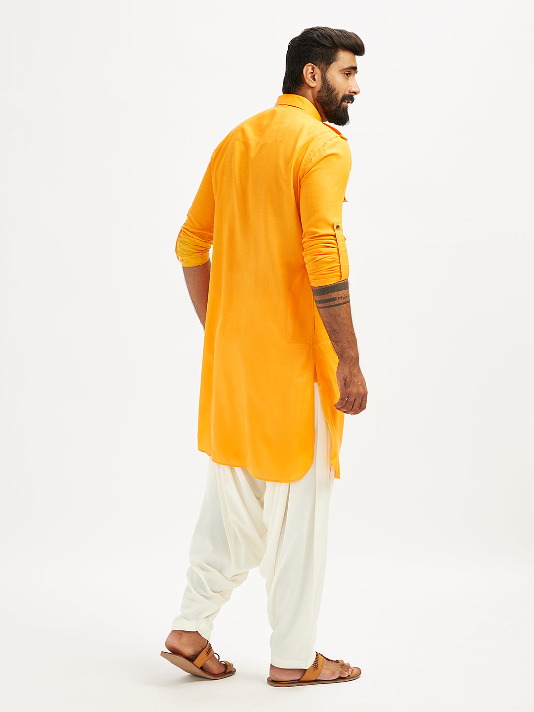 Men's Mustard And Cream Cotton Blend Pathani Kurta Set