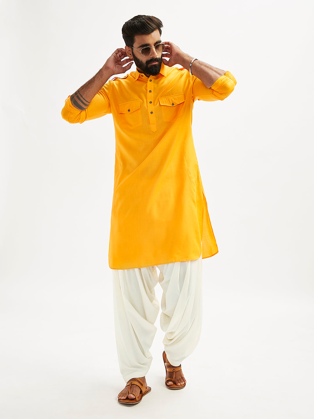 Men's Mustard And Cream Cotton Blend Pathani Kurta Set