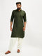 Men's Mehendi Green And Cream Cotton Blend Pathani Kurta Set