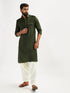 Men's Mehendi Green And Cream Cotton Blend Pathani Kurta Set