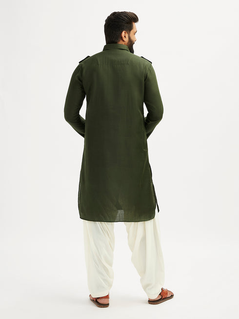 Men's Mehendi Green And Cream Cotton Blend Pathani Kurta Set