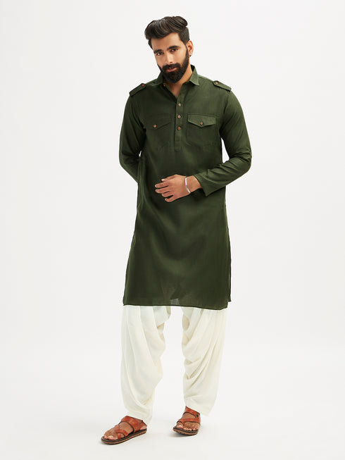 Men's Mehendi Green And Cream Cotton Blend Pathani Kurta Set