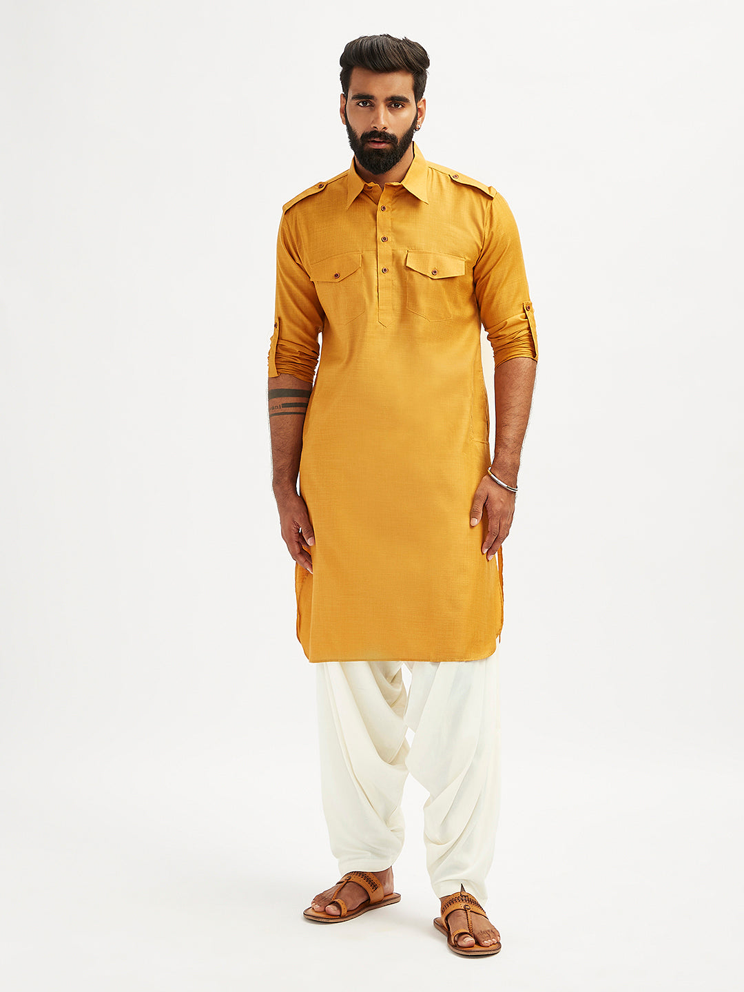 Men's Rust And Cream Cotton Blend Pathani Kurta Set