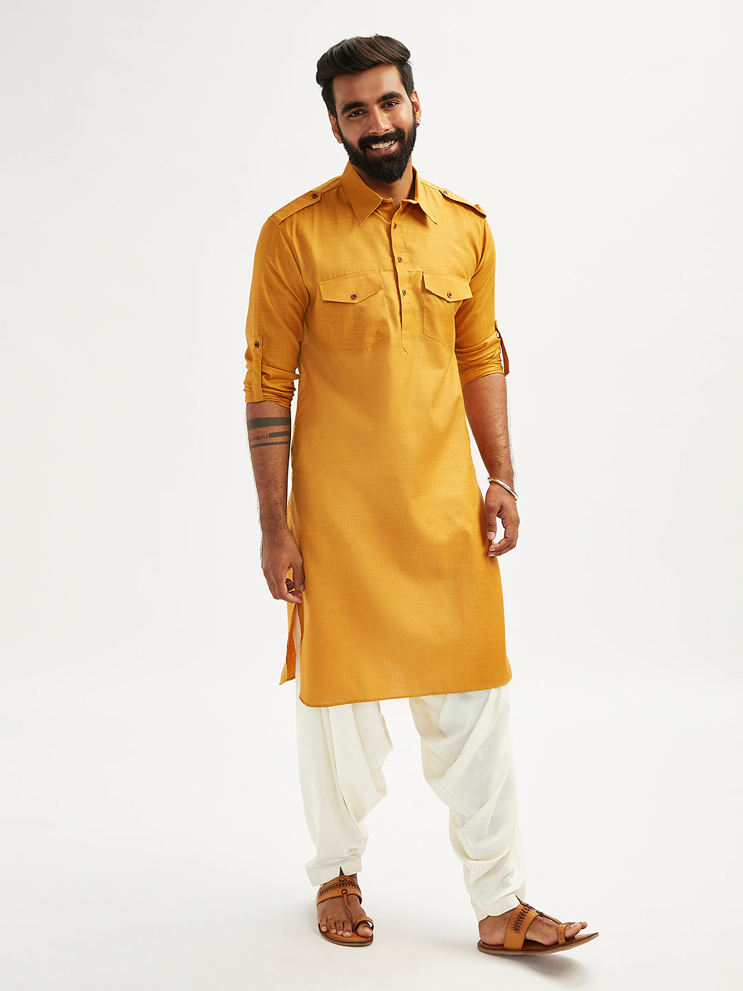 Men's Rust And Cream Cotton Blend Pathani Kurta Set