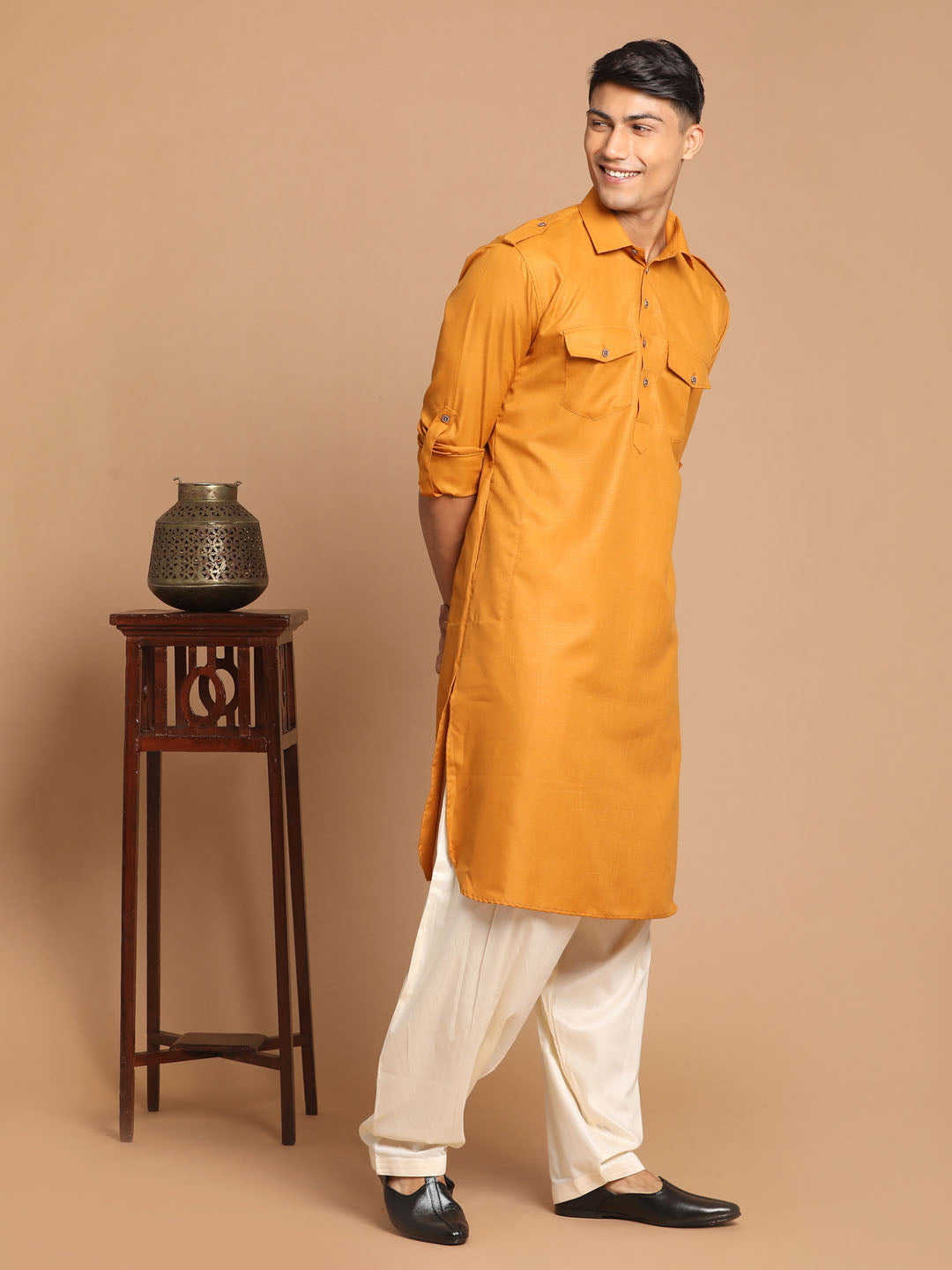 Men's Mustard Cotton Blend Pathani Suit Set