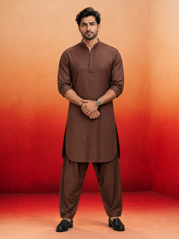 Men's Coffee Brown Swiss Slub Cotton Pathani Kurta with Coffee Brown Silk Blend Patiala