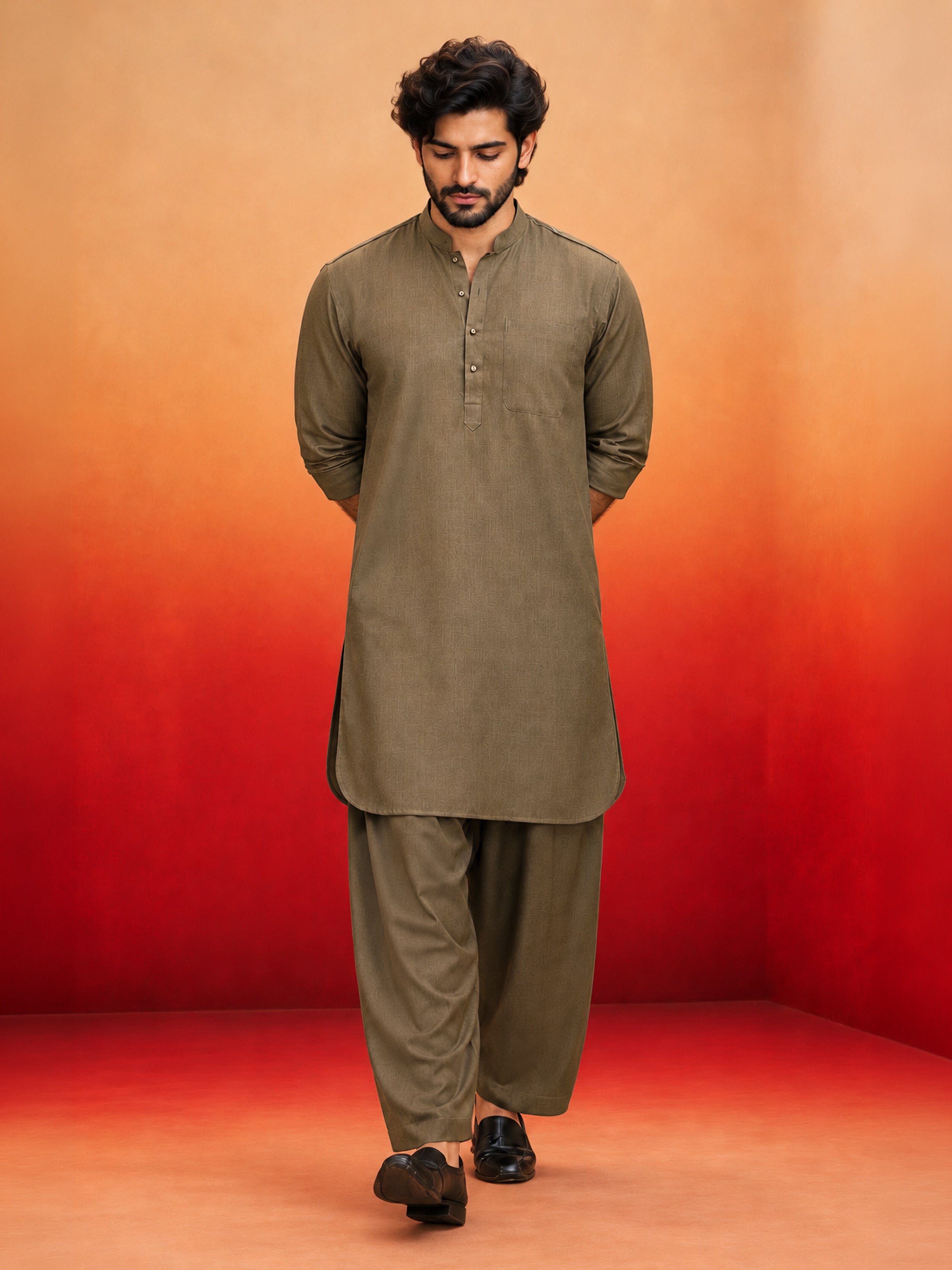 Men's Chiku Solid Swiss Slub Cotton Pathani Kurta with Chiku Silk Blend Patiala