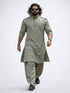 Men's Mint Green Swiss Slub Cotton Pathani Kurta with Mint Green Silk Blend Patiala