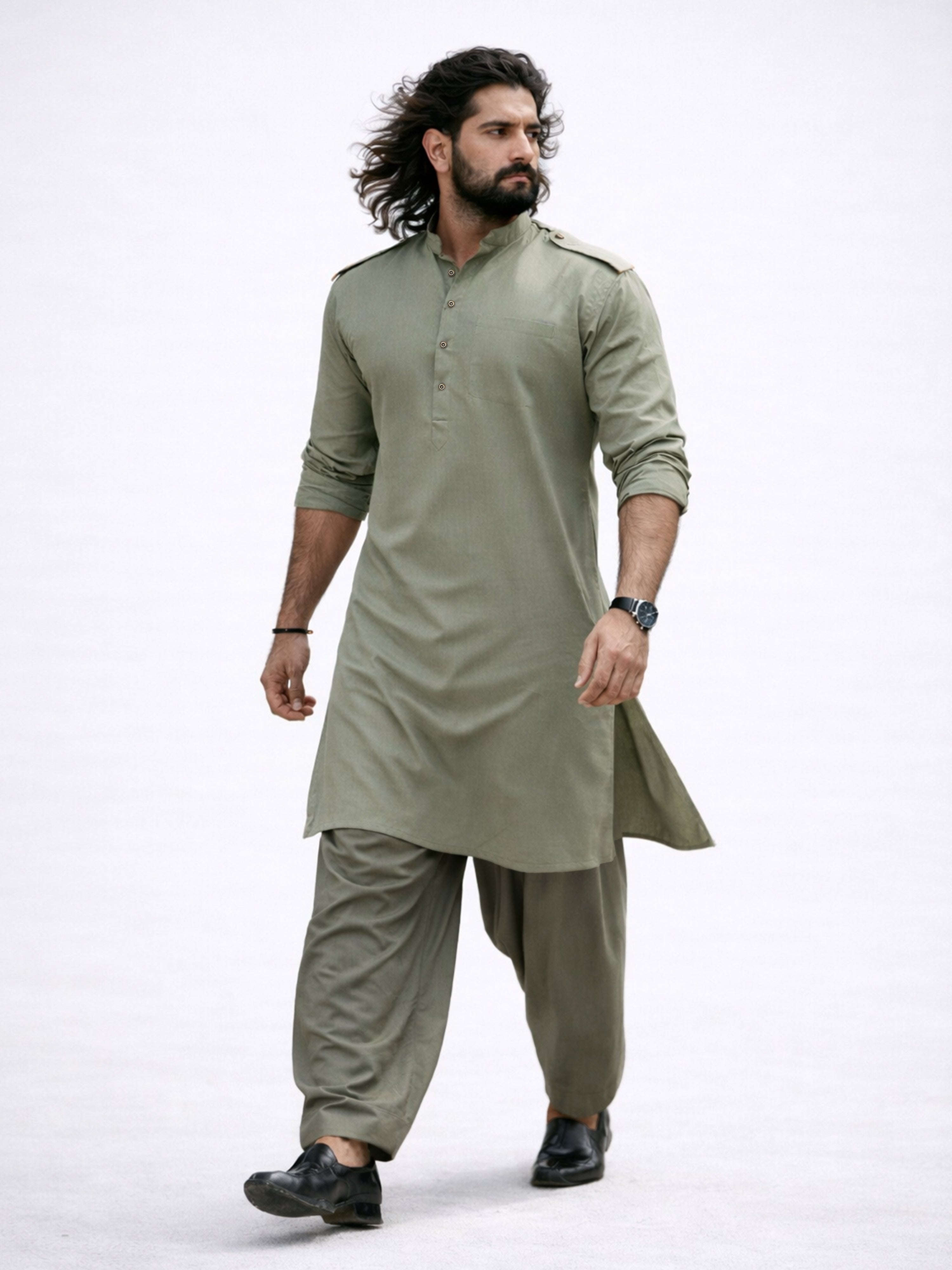 Men's Mint Green Swiss Slub Cotton Pathani Kurta with Mint Green Silk Blend Patiala