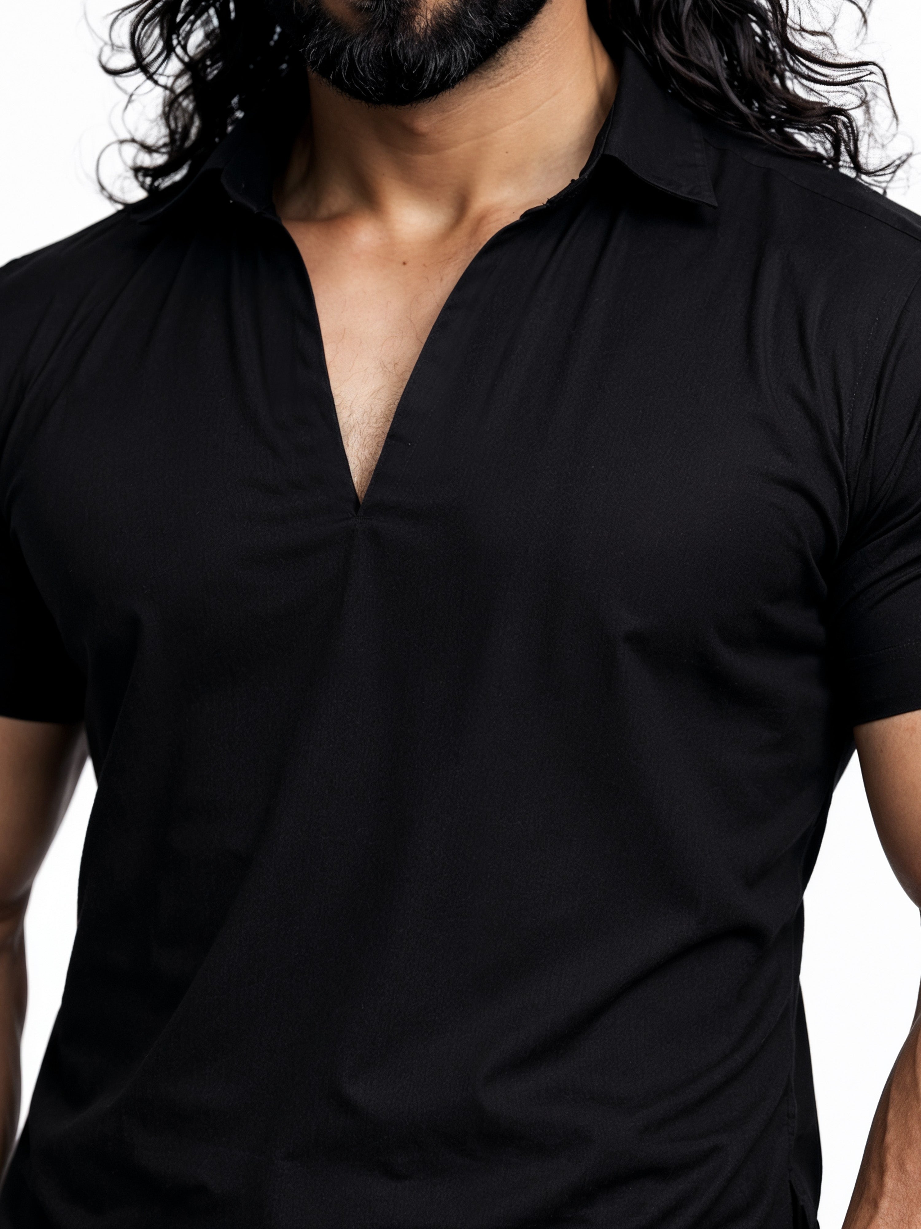 Men's Black Solid Cotton Silk Shirt Collar Short Sleeve Kurta with Black Silk Blend Patiala
