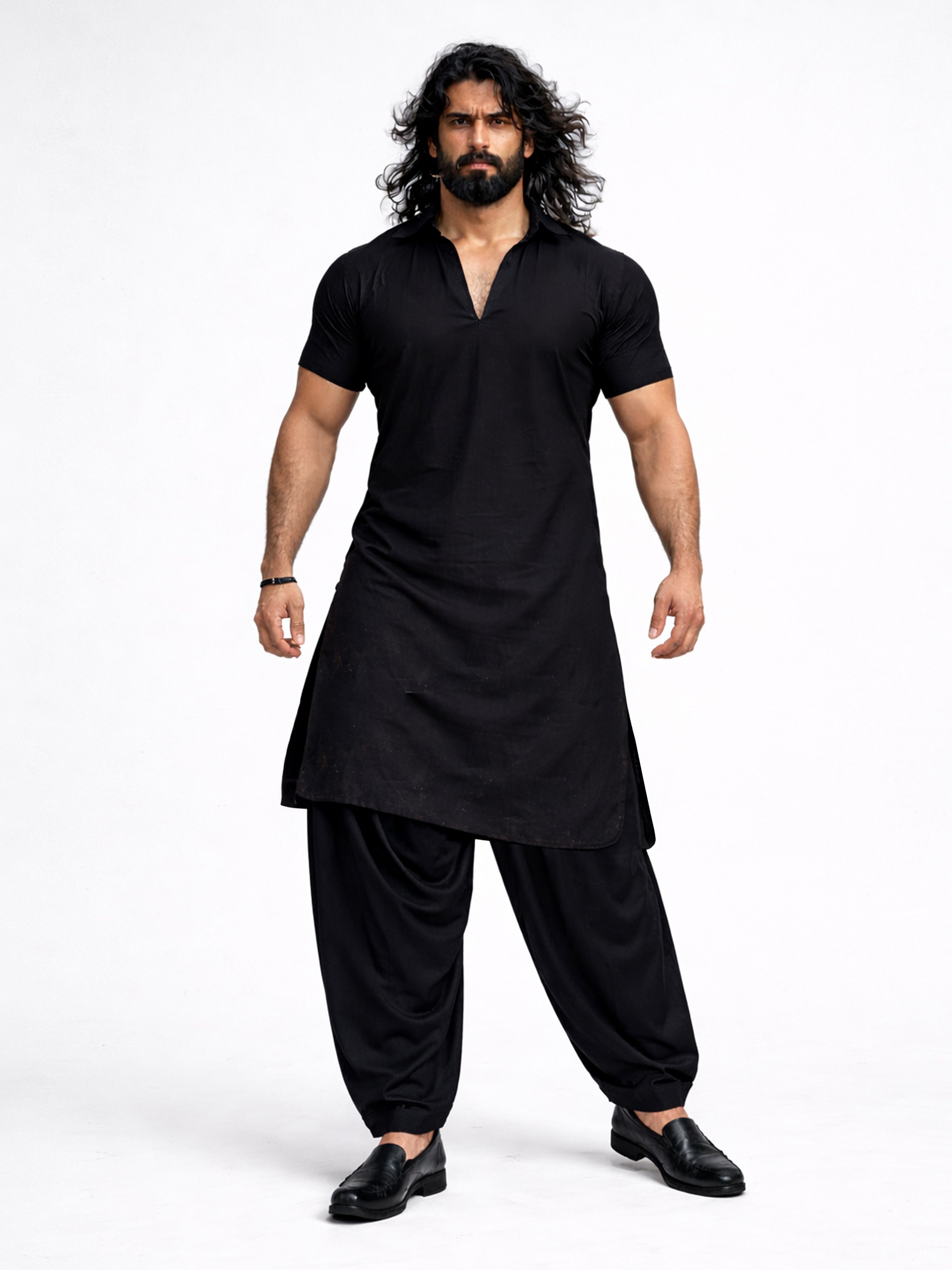 Men's Black Solid Cotton Silk Shirt Collar Short Sleeve Kurta with Black Silk Blend Patiala