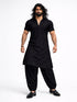 Men's Black Solid Cotton Silk Shirt Collar Short Sleeve Kurta with Black Silk Blend Patiala