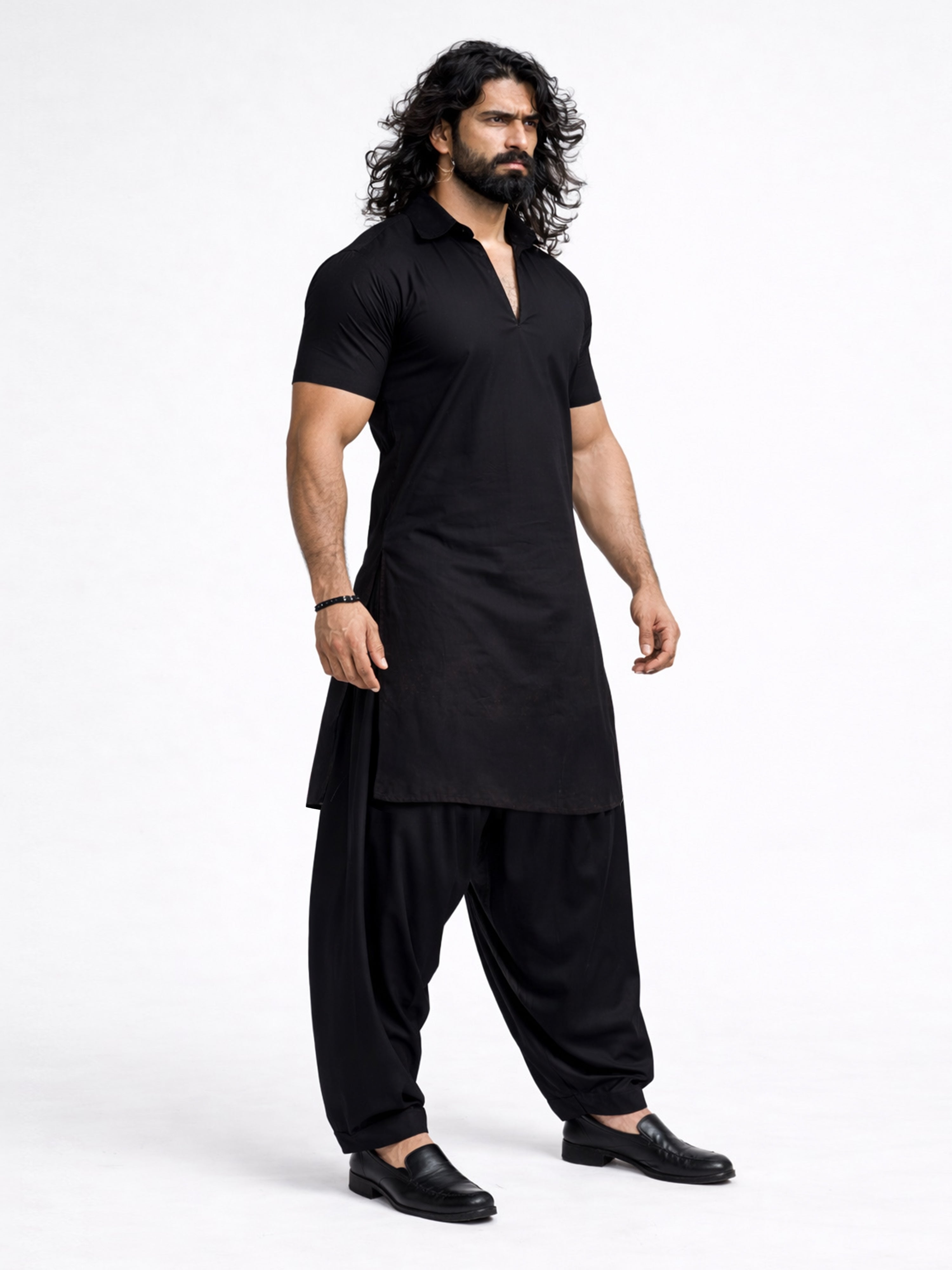 Men's Black Solid Cotton Silk Shirt Collar Short Sleeve Kurta with Black Silk Blend Patiala
