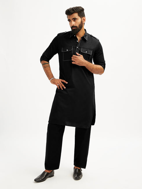 Men's Black Fine Satin Pathani Kurta Set