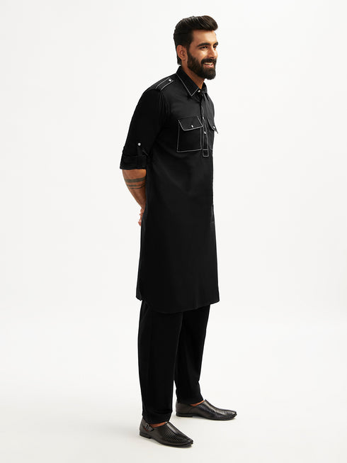 Men's Black Fine Satin Pathani Kurta Set
