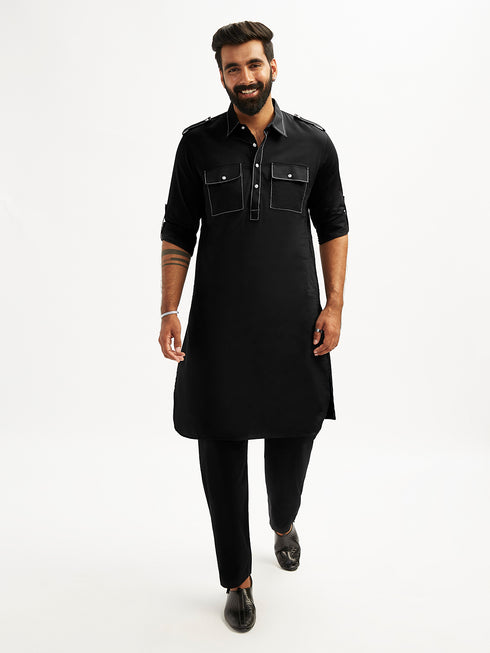 Men's Black Fine Satin Pathani Kurta Set