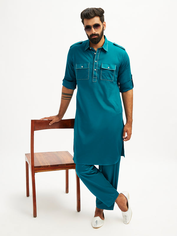 Men's Turquoise Fine Satin Pathani Kurta Set