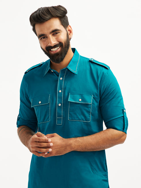 Men's Turquoise Fine Satin Pathani Kurta Set