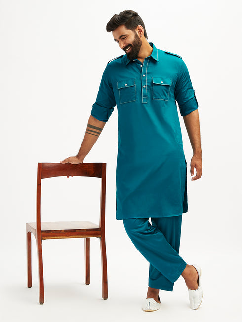 Men's Turquoise Fine Satin Pathani Kurta Set