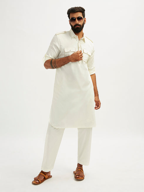 Men's White Fine Satin Pathani Kurta Set