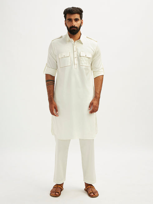 Men's White Fine Satin Pathani Kurta Set